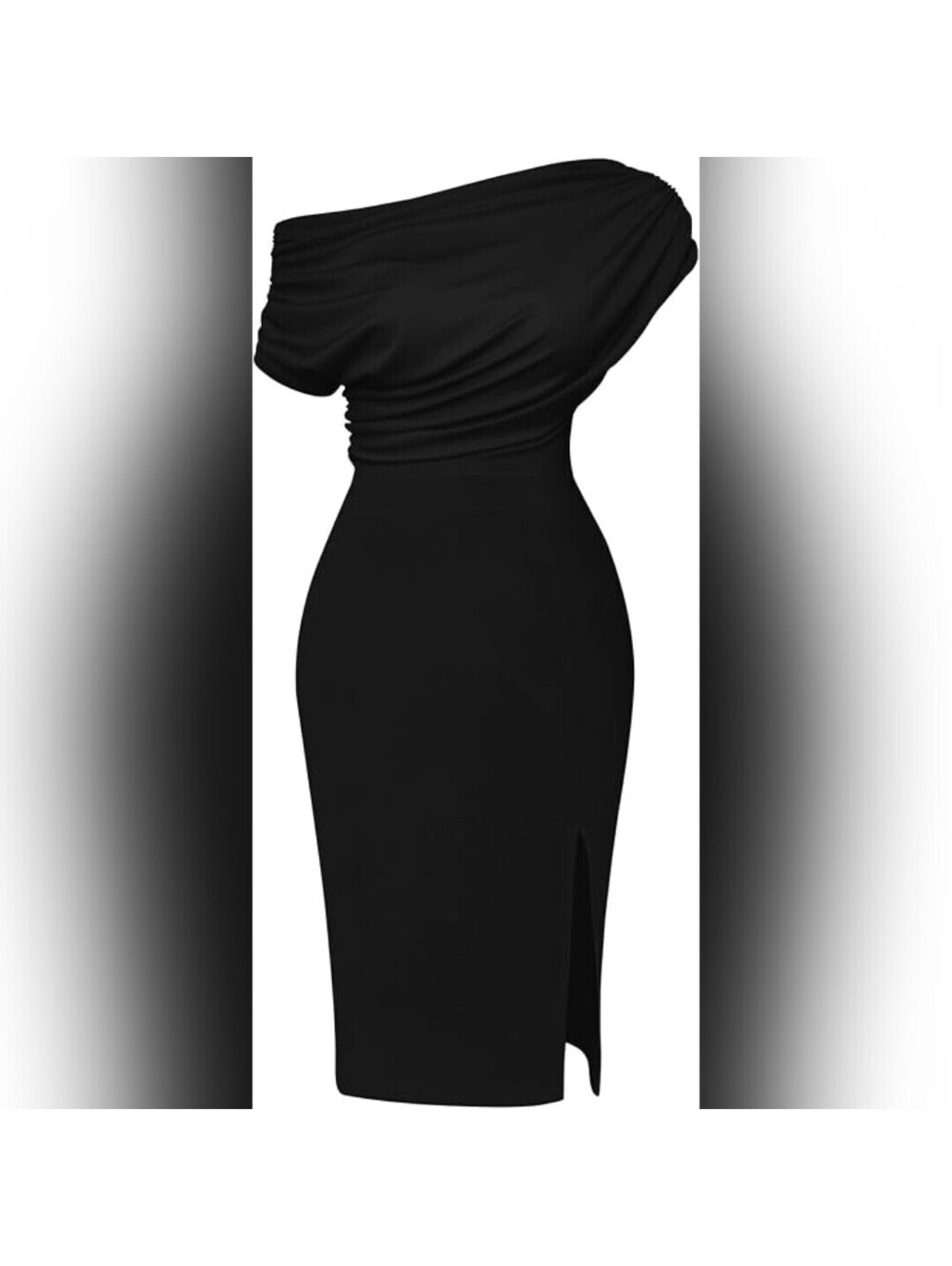 NWOT Memoriesea Women’s Black Off Shoulder Ruched Midi Bodycon Dress, Large
